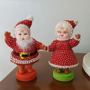 Vintage beaded flocked Santa and Mrs. Claus Figurines Kitsch